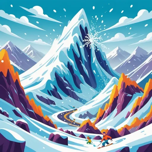 Prompt: Cartoon-style illustration of a thrilling avalanche, snowy mountain landscape, energetic snow movement, playful cartoonish snowflakes, exaggerated scale and motion, vibrant and colorful, dynamic composition, high energy, stylized cartoon, humorous interpretation, exaggerated action, comical snow characters, vibrant cartoony color palette, playful and exaggerated style, action-packed scene, best quality, high energy, vibrant colors, cartoon style, playful, exaggerated motion, snowy landscape, dynamic composition, comical characters, highres, dynamic lighting