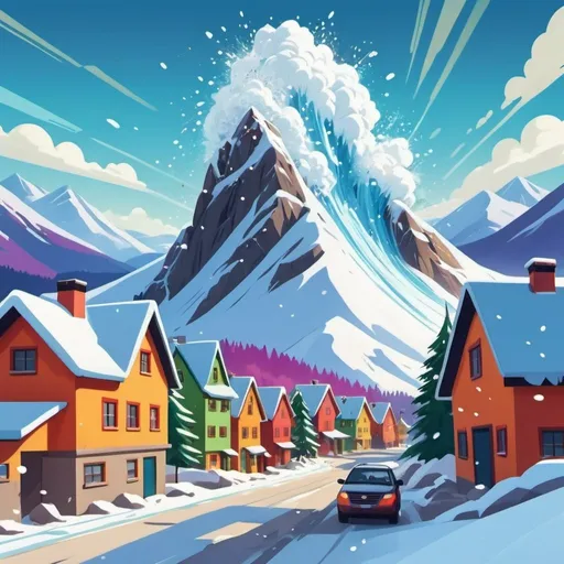 Prompt: Cartoon-style illustration of a thrilling avalanche crashing into a village, snowy mountain landscape, energetic snow movement, playful cartoonish snowflakes, exaggerated scale and motion, vibrant and colorful, dynamic composition, high energy, stylized cartoon, humorous interpretation, exaggerated action, comical snow characters, vibrant cartoony color palette, playful and exaggerated style, action-packed scene, best quality, high energy, vibrant colors, cartoon style, playful, exaggerated motion, snowy landscape, dynamic composition, highres, dynamic lighting