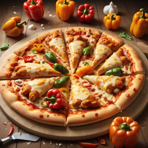 Prompt: Chicken supreme pizza, realistic digital painting, juicy chicken pieces, colorful bell peppers, melted cheese, crispy crust, savory aroma, high quality, realistic, digital painting, vibrant colors, warm lighting