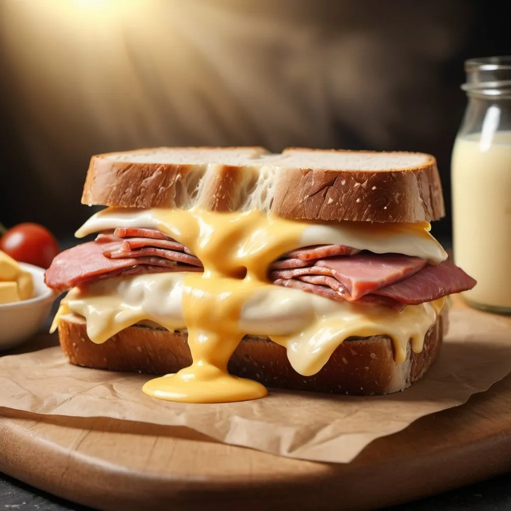 Prompt: Delicious sandwich with melted cheese and mayo, high quality, realistic, close-up view, warm lighting, detailed textures, savory luncheon meat, gooey melted cheese, creamy mayo, food photography, appetizing, fresh ingredients, close-up shot, delectable, mouth-watering, food art, realistic lighting