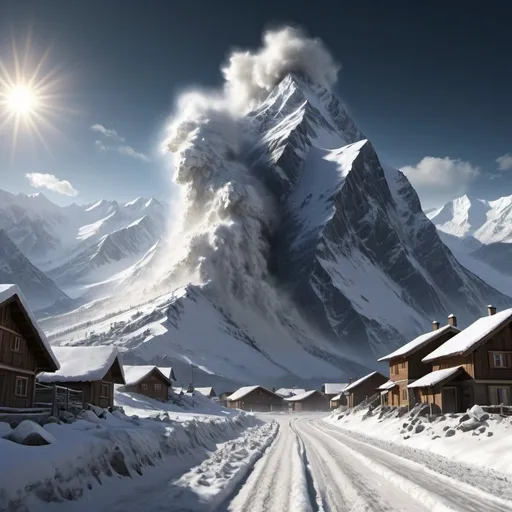 Prompt: Huge avalanche heading towards a village, snow-covered landscape, towering mountains, impending disaster, high impact, realistic, dramatic lighting, intense shadows, detailed snow texture, high quality, 3D rendering, natural disaster, dangerous, extreme weather, snowy landscape, realistic avalanche, village in danger, dramatic atmosphere, chilling winds, impending doom