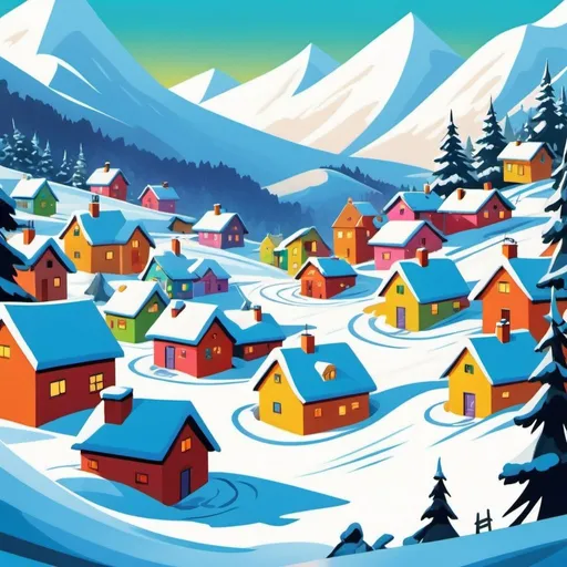 Prompt: Cartoon-style illustration of a village, snowy mountain landscape, energetic snow movement, playful cartoonish snowflakes, exaggerated scale and motion, vibrant and colorful, dynamic composition, high energy, stylized cartoon, humorous interpretation, exaggerated action, comical snow characters, vibrant cartoony color palette, playful and exaggerated style, action-packed scene, best quality, high energy, vibrant colors, cartoon style, playful, exaggerated motion, snowy landscape, dynamic composition, highres, dynamic lighting