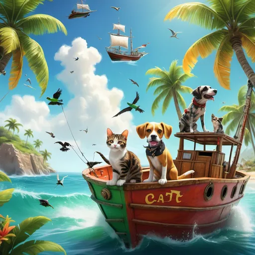 Prompt: (cat and dog on fishing boat) dressed as pirates, (tropical Caribbean setting), vibrant bright and sunny day, (crystal clear water), (cinematic high detail), colorful tropical birds flying in the sky, cheerful atmosphere, waves gently lapping against the boat, playful expressions on the cat and dog, lush green palms in the background, ultra-detailed, captivating scene.