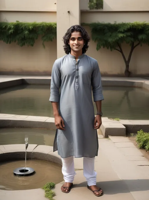 Prompt: Standing confidently in an outdoor setting, a young man sports a long, grey kurta paired with white trousers, showcasing traditional attire. His dark, wavy hair frames a friendly face, illuminated by bright daylight, suggesting a midday sun. The background reveals a tiled area with water taps, flanked by greenery, contrasting with scattered litter that hints at a casual environment. The atmosphere conveys a sense of relaxed celebration or community gathering, with festive decorations faintly visible overhead. The composition captures both the individual and his surroundings, blending cultural expression with everyday life.