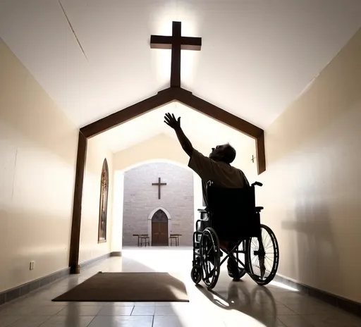 Prompt: shadow figure of a disabled person in a wheel chair reaching upward through the roof of the church twards gods outstreched hand