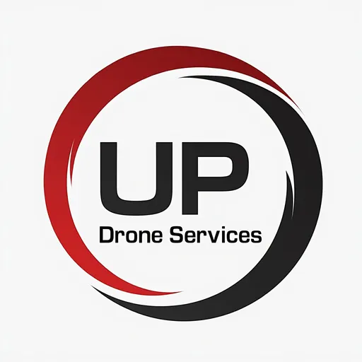 Prompt: A bold and modern logo captures attention with its streamlined design, prominently featuring the letters "UP" in a large, thick font at the center. Surrounding the text are two dynamic circular shapes, one in bright red and the other in deep black, suggesting motion and forward movement, indicative of drone flight. The words "Drone Services" appear below in a more understated font, reinforcing the brand's focus. Set against a clean white background, the overall aesthetic combines professionalism with an energetic flair, effectively communicating a focus on innovation in the drone industry. add a drone silhouette in the background 