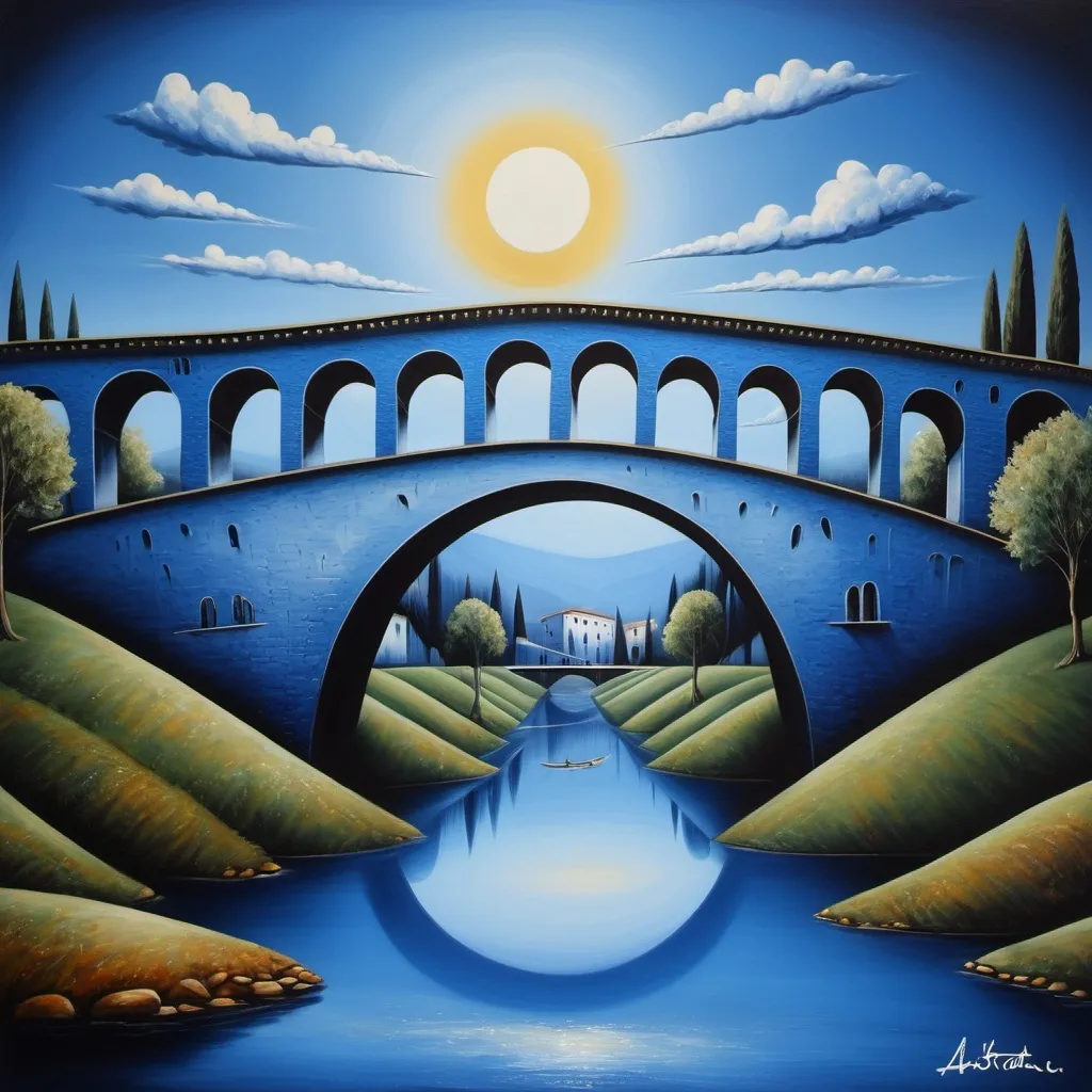 Prompt: italy, blue river, bridge logo , logo, abrstarction, peinture art, surrealism