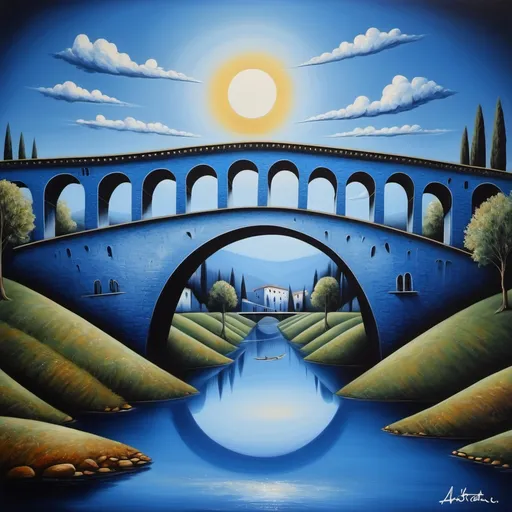 Prompt: italy, blue river, bridge logo , logo, abrstarction, peinture art, surrealism