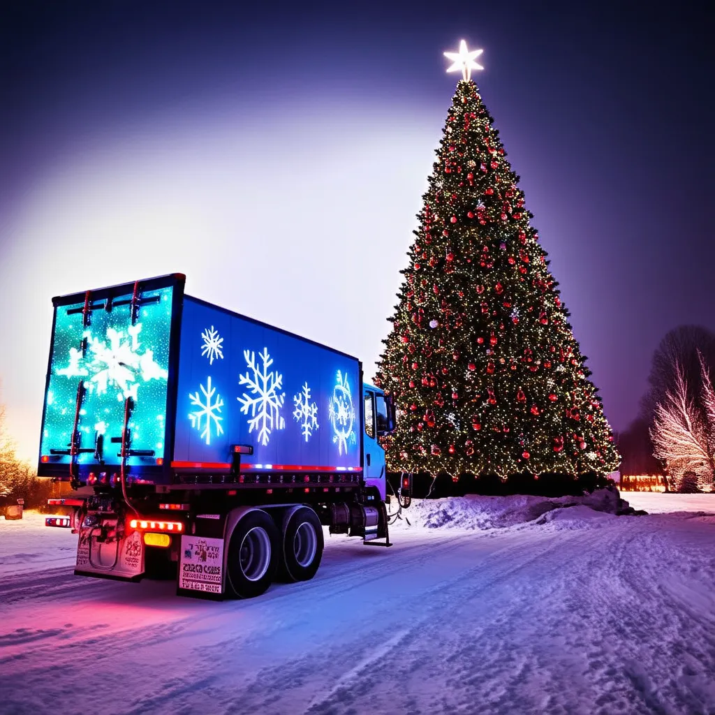 Prompt: Show picture of a cyber truck off to the side powering a giant Christmas tree with beautiful lights