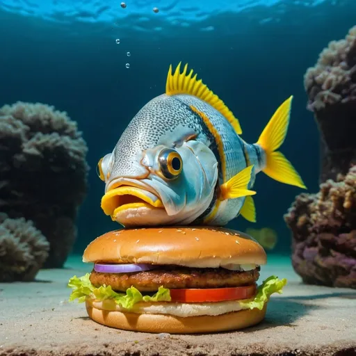 Prompt: Macaril fish eating a burger 