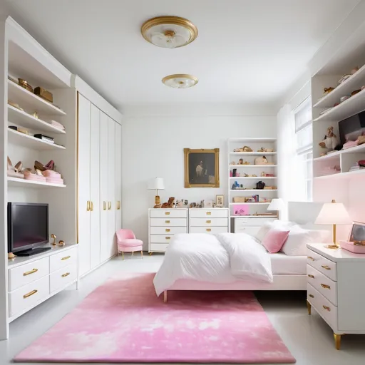 Prompt: Una habitacion blanca i molt gran mes gran
una finestra arriba de la cama
un llit gran blanco
un escriptori blanco
un tocador 
una televisió gran
un sofà grande blanco 
unas estanterias con zapatos tipo golen goose 
un armari blanc
una llum blanc
una nevera gran blanca
una alfombra rosa abaix del llit
