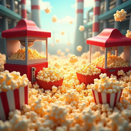 Prompt: A vibrant popcorn factory scene filled with animated popcorn machines, kernels bursting into fluffy popcorn, and colorful bags filled with delicious flavors.