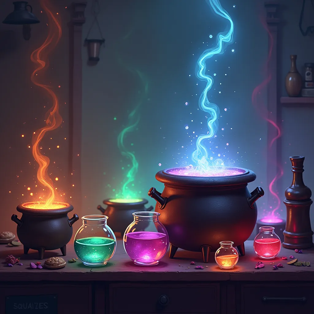 Prompt: A mystical lab where users combine ingredients into cauldrons, watching potions brew with bubbling effects. Each potion glows with a unique color, representing its risk and reward profile, with more complex potions producing intricate visual effects. Make the format applicable to a web page. Make the key central part free for inputting our user-interfance. Put the ke elements on the sides and in the background.