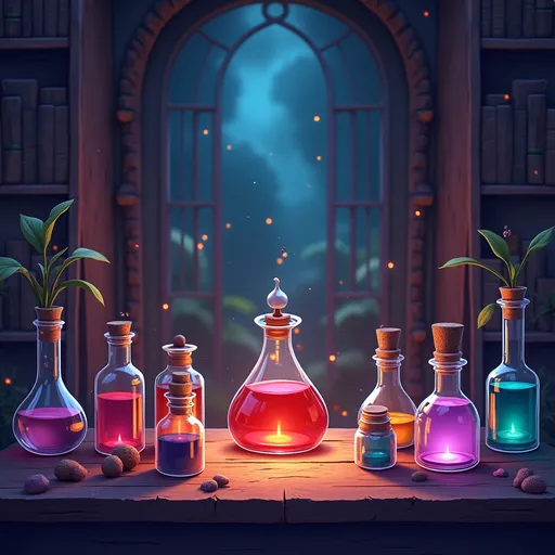 Prompt: Create a background for my crypto application project. The project is a crypto decentralized finance application allowing users to restake their assets via a simple user interface. The project is called Elixir. I would like to create a background that is an alchemist office with a lot of potions and elixirs around, which are animated if possible. Multiple colors and style of bottles.