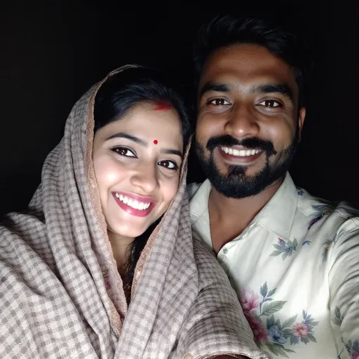 Prompt: In a dimly lit setting, a man and a woman pose closely together, exuding a warm sense of companionship. The woman, draped in patterned fabric which partially covers her hair, beams with a bright smile, highlighting her cheerful demeanor. Next to her, the man sports a well-groomed beard and wears a light-colored shirt adorned with floral patterns, offering a relaxed look. The background reveals hints of a solid wall, suggesting an indoor environment with possibly limited lighting. The overall mood is intimate and joyful, capturing a moment of shared happiness and connection between the two individuals.