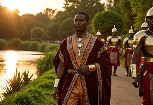 Prompt: Reality image of a wealthy African prince wearingn African royal attire in his 30s walking along the river with his royal guards. Close up. 