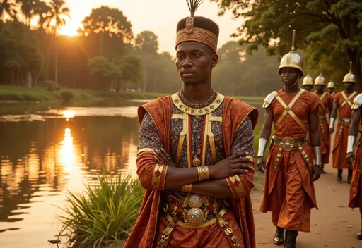 Prompt: Reality image of a wealthy African prince wearingn African royal attire in his 30s walking along the river with his royal guards. Close up. 