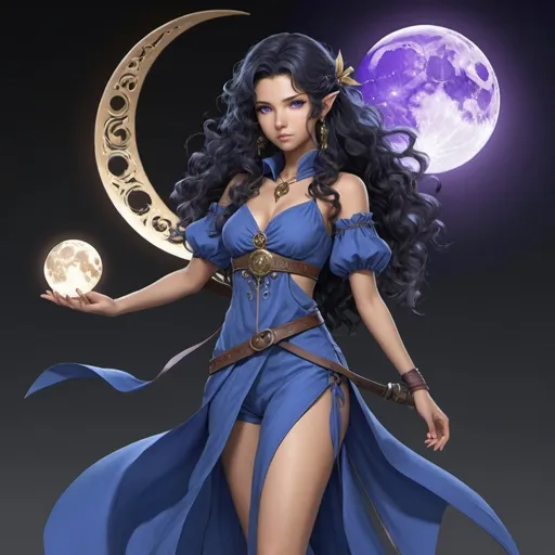 Prompt: Final fantasy (Time mage / Archer) blue dress & pants, tan skin, purple eyes, long black curly hair. Holding a moon bow.