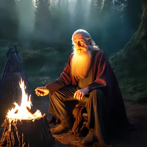 Prompt: Merlin the wizard sitting down on a log by a campfire, night, dark, campsite, old and wise, flowing robes and cloak, magical staff, detailed beard and wrinkles, high-fantasy style, vibrant and rich colors, soft and mystical lighting, 4k, ultra-detailed, fantasy, wizard, mystical aura. 
