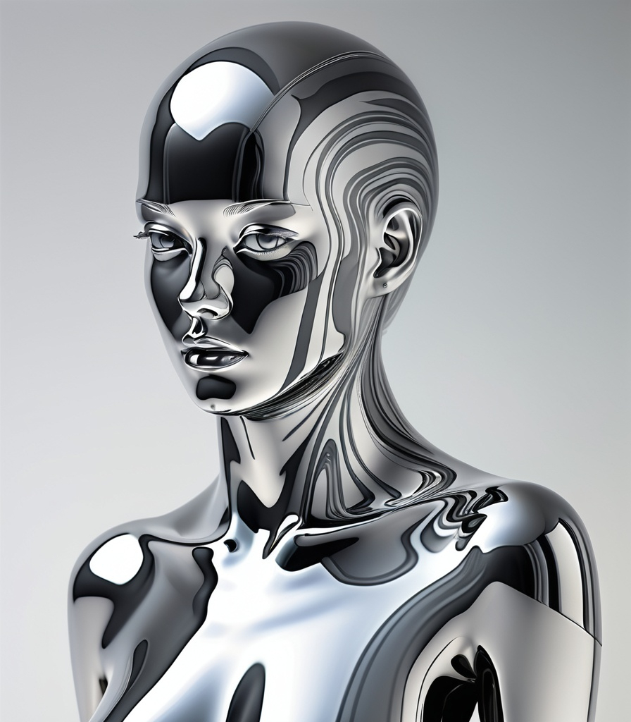 Prompt: Inspiratie uit de beelden:
Eerste afbeelding

vrouwelijke torso met gezicht, scherme aspecten
Gebruik van grijstinten 
Spiegelachtige reflecties en vloeiende lijnen
Een futuristische, bijna vloeibare uitstraling
Derde afbeelding
Hyperrealistische

