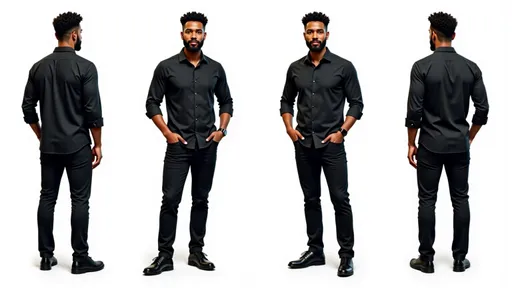 Prompt: A full-body character sheet of photorealistic thoughtful man c54599d2 with short curly hair, full beard, black button-up shirt, black pants, black shoes displayed in three clear views on a clean white background, arranged in a three-column grid pattern with equal spacing and importance. Left panel: front view showing complete anatomical details and outfit. Center panel: perfect 90-degree side view (profile) clearly showing the character's side silhouette, facial profile, and outfit from a direct lateral perspective. Right panel: back view revealing posterior details Each view maintains consistent scale, lighting, and full-body presentation from head to toe. All three perspectives must be equally detailed and given equal prominence in the composition.