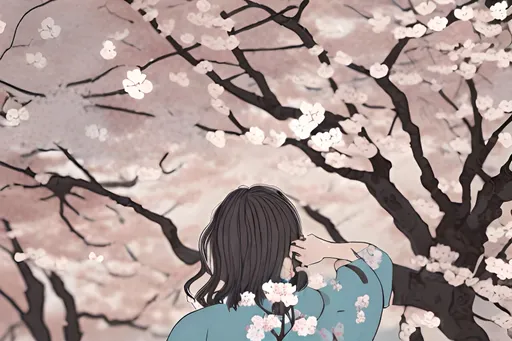 Prompt: Illustration. Human. Appeareance from behind. Cherry blossom.