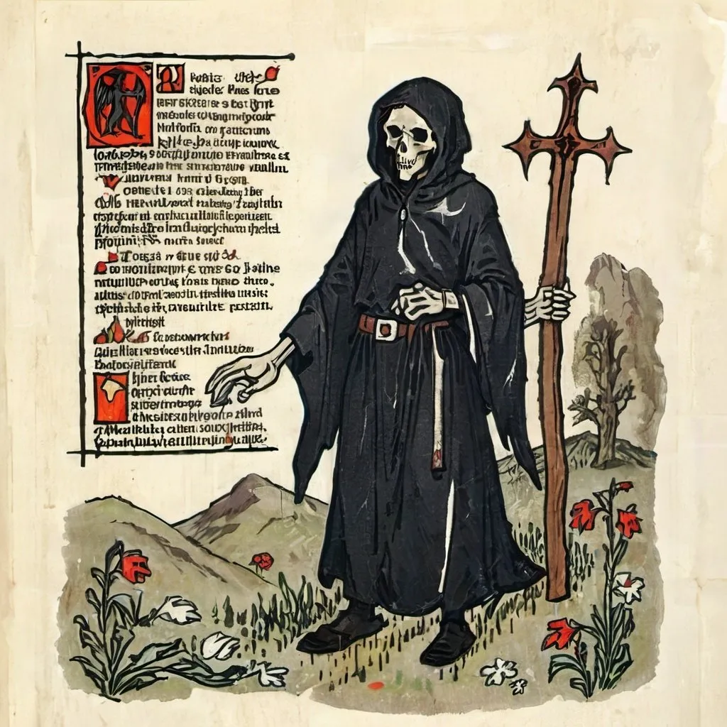 Prompt: grim reaper style illuminated medieval text