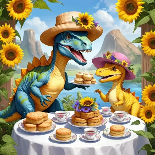 Prompt: Dinosaur tea party, splash art, book cover, fantasy art, flowered hats, crumpets, sundresses, sunflower theme