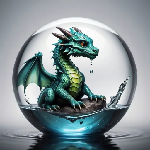 Prompt: A baby dragon curled up inside a glass sphere.  The sphere is floating on water.  Ripples radiate out from where the sphere touches the water.  Fantasy splash art.