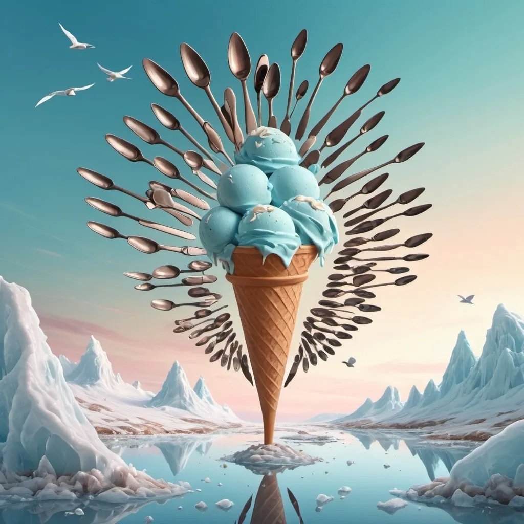 Prompt: Fantasy art style, A flock of birds made out of spoons migrating over a landscape made of ice cream.  Dreamscape.