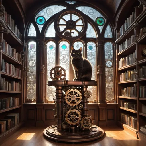 Prompt: A steampunk library filled with towering bookshelves made of pipes and gears. A beam of light shines through a stained glass window illuminating a curious cat perched on a pile of gears.
