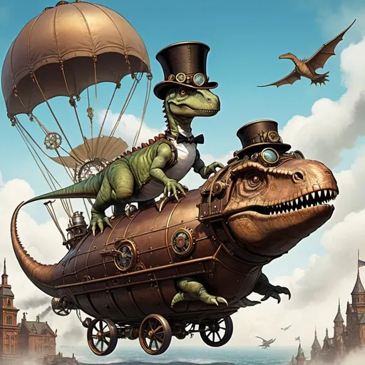 Prompt: Steampunk. A dinosaur in a top hat is riding on an airship.  Fantasy splash art.  Book cover. 