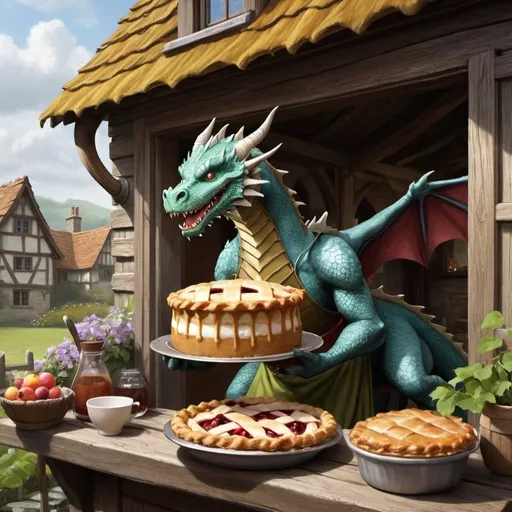 Prompt: Fantasy splash art, book cover style, medieval fantasy, a dragon in an apron putting a pie on a windowsill of a cottage.