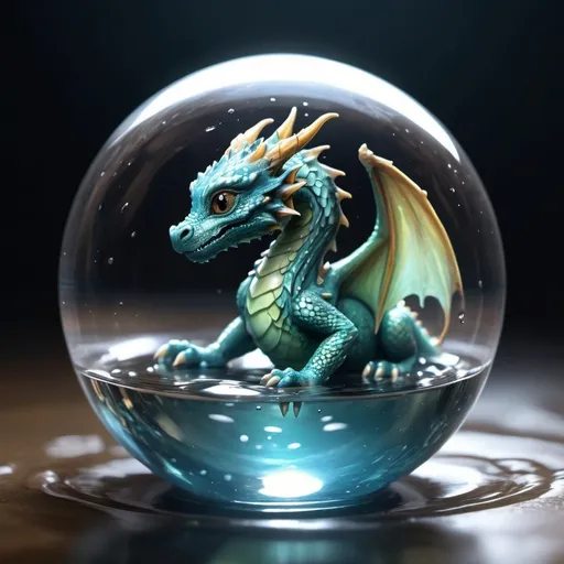 Prompt: A baby dragon curled up inside a glass sphere.  The sphere is floating on water.  Ripples radiate out from where the sphere touches the water.  Fantasy splash art.