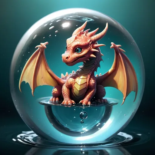 Prompt: A baby dragon curled up inside a glass sphere.  The sphere is floating on water.  Ripples radiate out from where the sphere touches the water.  Fantasy splash art.