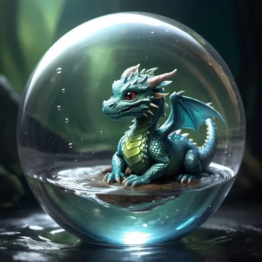 Prompt: A baby dragon curled up inside a glass sphere.  The sphere is floating on water.  Ripples radiate out from where the sphere touches the water.  Fantasy splash art.