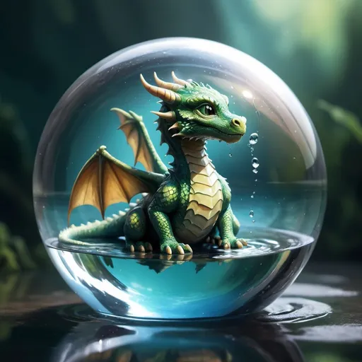 Prompt: A baby dragon curled up inside a glass sphere.  The sphere is floating on water.  Ripples radiate out from where the sphere touches the water.  Fantasy splash art.