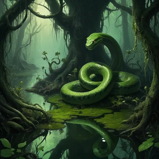 Prompt: Dark swampy forest, fantasy art, snake fairies, moss, green, murky, swamp creatures