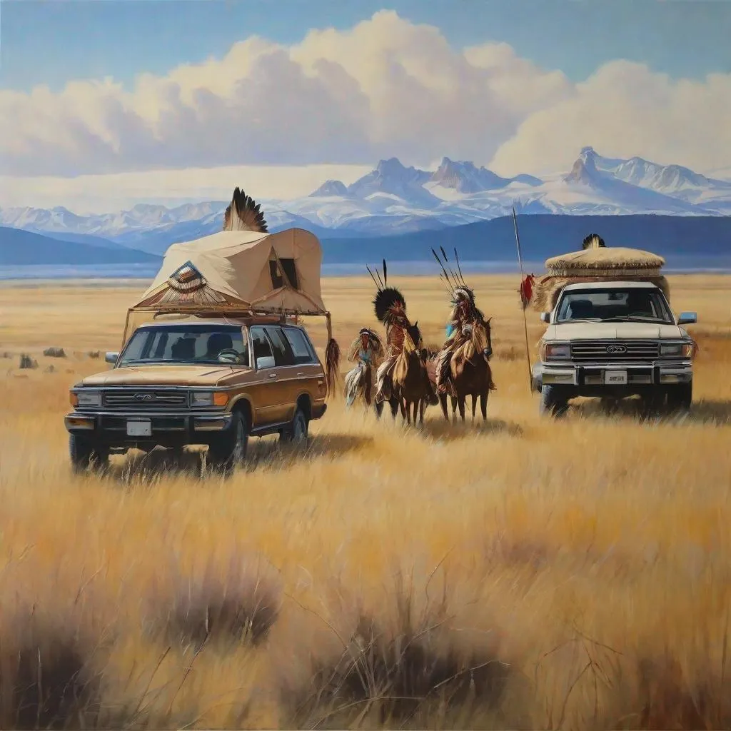 Prompt: Painting of feathered native Americans tribe looking at a 70 series land cruiser in the distance in montana
 