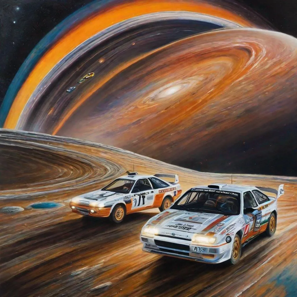 Prompt: Painting of rally cars racing on the rings of Saturn in space