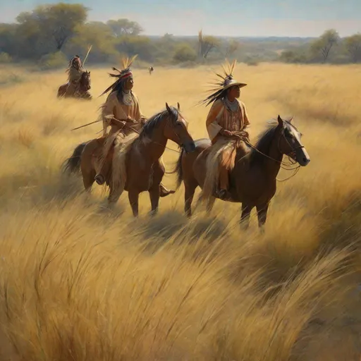 Prompt: ancient feathered native Americans riding horses through very tall Andropogon gerardii grass