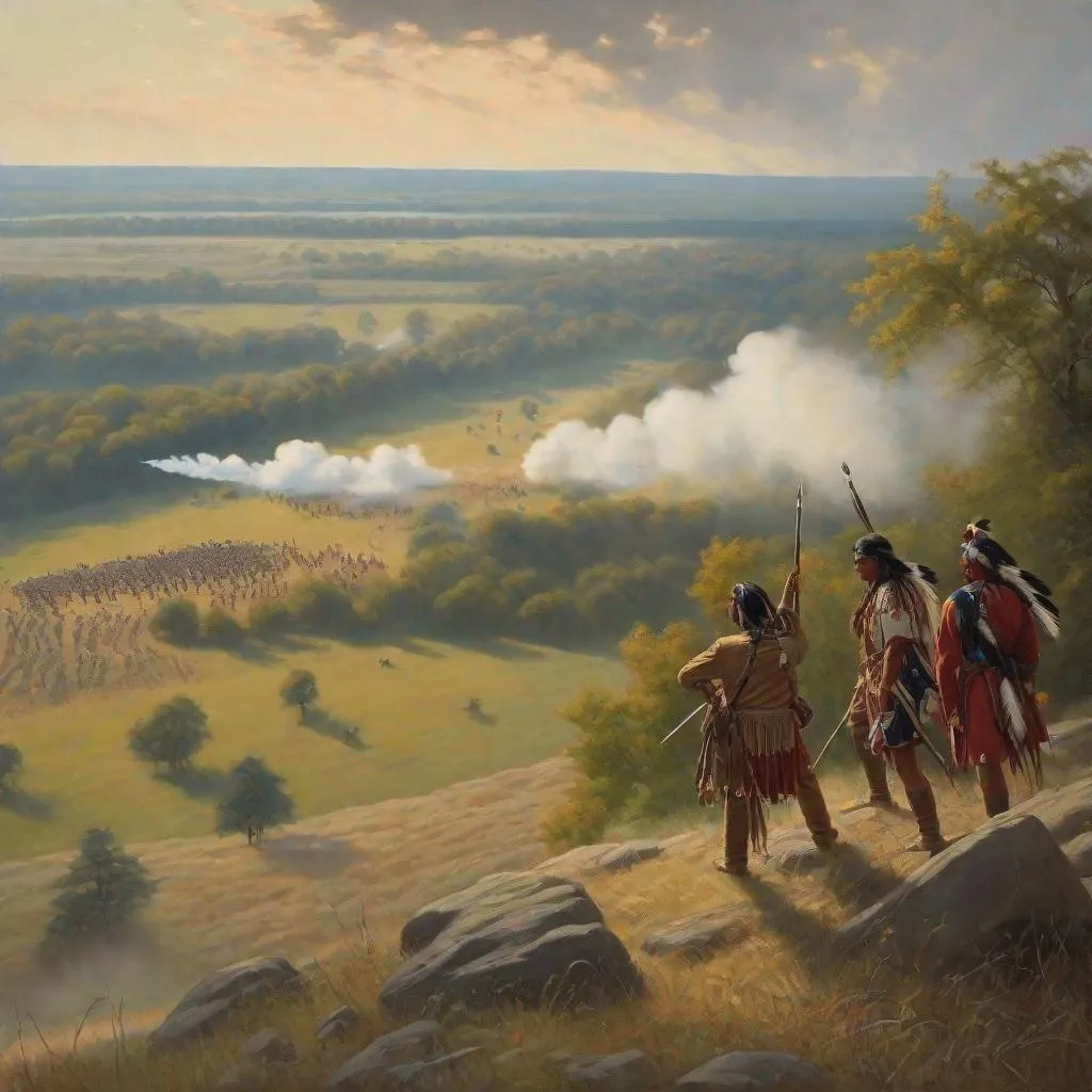 Prompt: Painting of two ancient feathered native Americans watching the brutal Gettysburg civil war column battle in Pennsylvania from a hill, soldiers firing at each other in the valley below, two feathered Native American warriors watching from a hill 