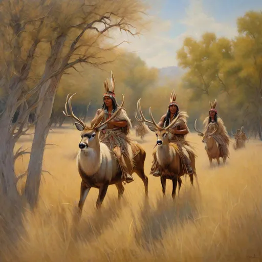 Prompt: Painting of ancient feathered native Americans riding strong muledeer through shoulder high Andropogon gerardii grass and large fruiting pecan trees