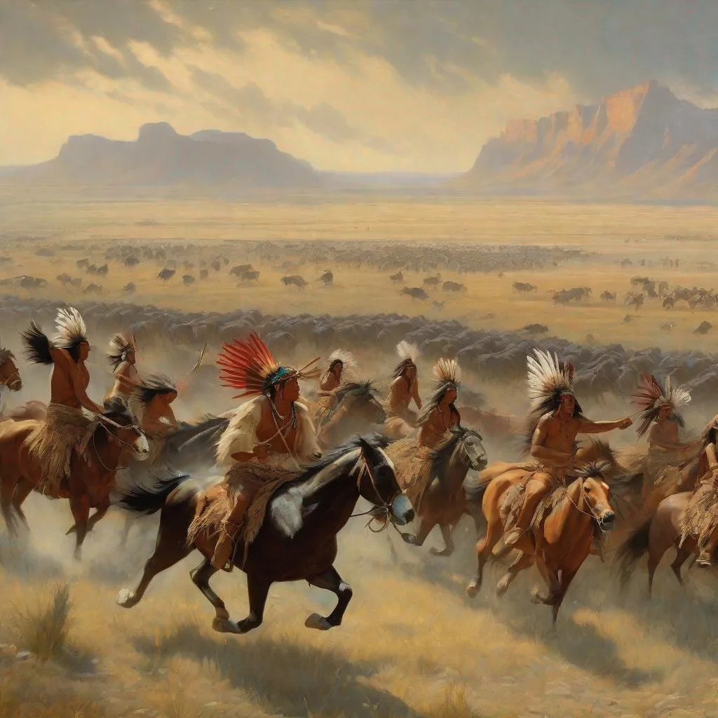 Prompt: feathered native Americans riding horses chasing thousands of buffalo in the background 