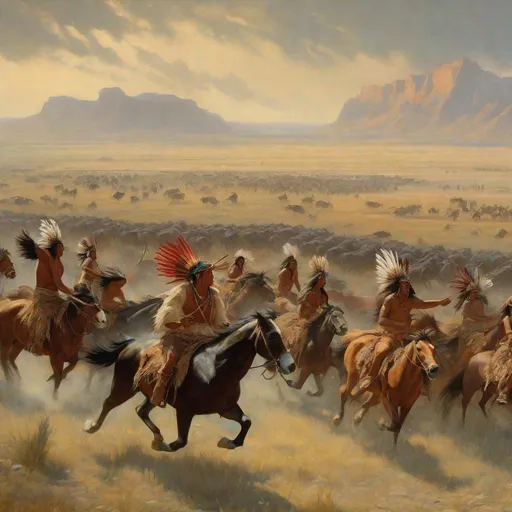 Prompt: feathered native Americans riding horses chasing thousands of buffalo in the background 