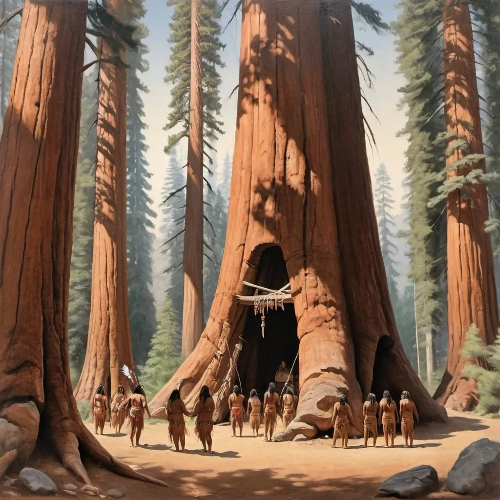 Prompt: A painting of ancient mono Native American tribe living in harmony among huge Sequoiadendron giganteum trees