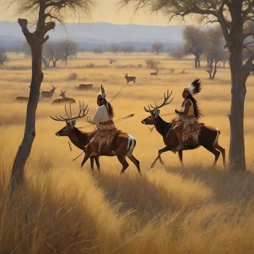 Prompt: Painting of ancient feathered native Americans riding strong muledeer through very tall Andropogon gerardii grass and large fruiting pecan trees