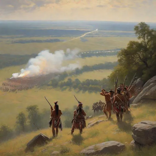 Prompt: Painting of two ancient feathered native Americans watching the brutal Gettysburg civil war column battle in Pennsylvania from a hill, soldiers firing at each other in the valley below, two feathered Native American warriors watching from a hill 