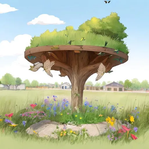 Prompt: Concept art of a natural rest stop for birds and animals that provides food and filled with wild flowers In denton tx suburbs 