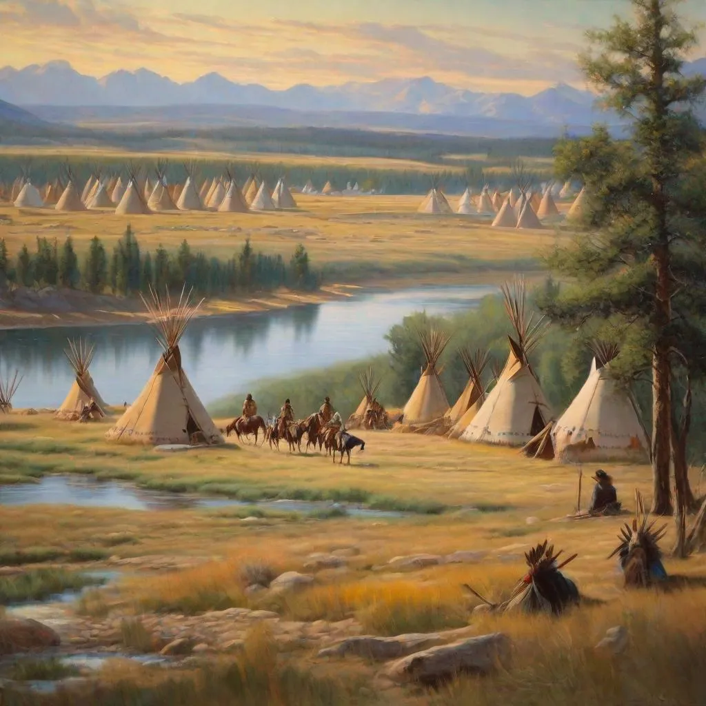 Prompt: Painting of thousands of teepees in the little big horn valley past the tree line in the foreground while two Native American Cheyenne brothers sleep next to the river 